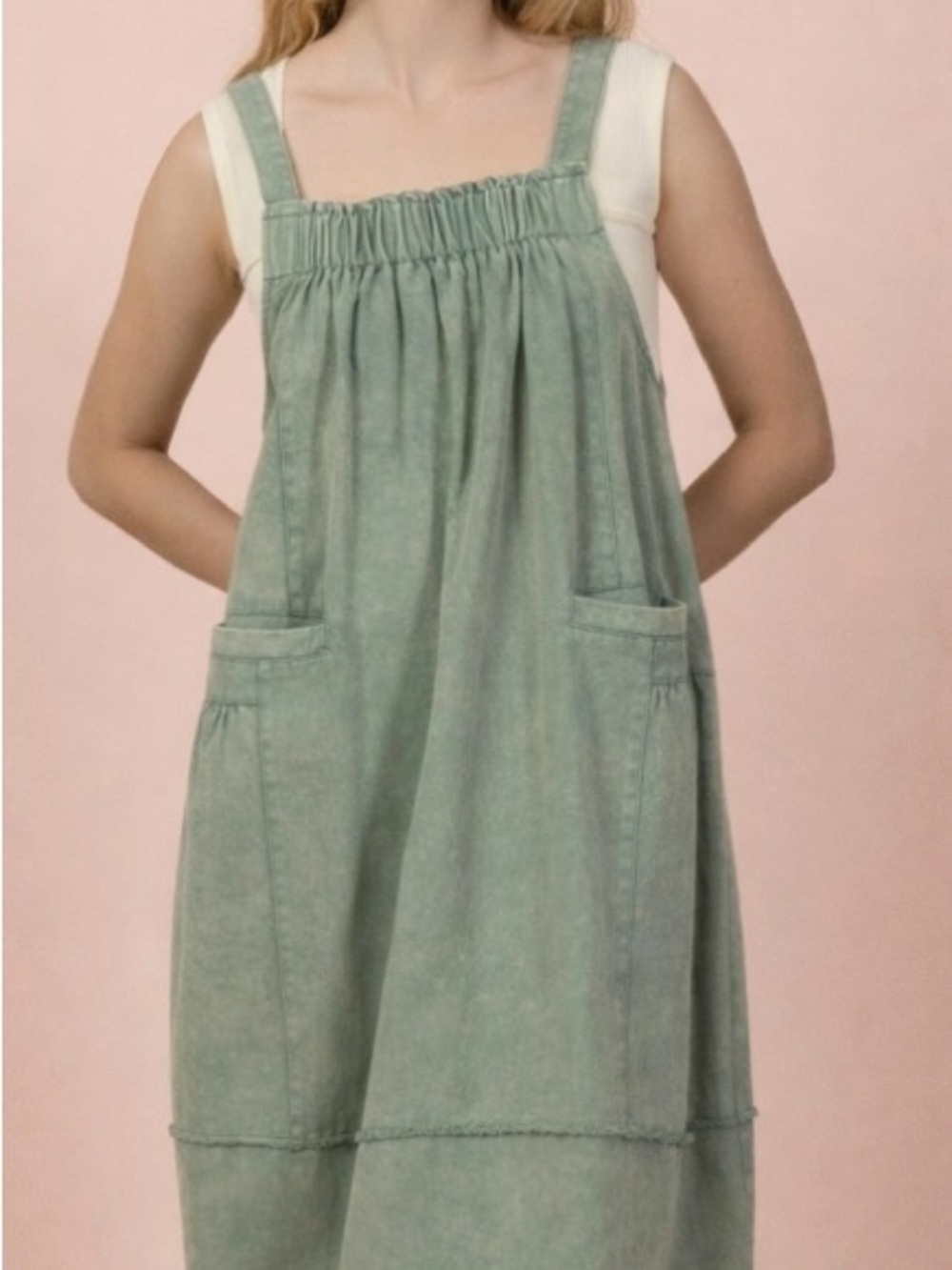 Very J Sage Green Midi mineral wash denim jumper dress